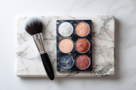 A brush rests next to a palette filled with six vibrant colors on a smooth marble background, highlighting a moment of artistic preparation and creativity.の素材
