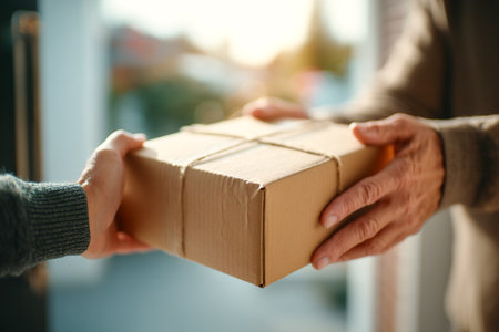 A person receives a package from a delivery worker at their door during daylight. The scene shows a friendly exchange at a contemporary entryway.の素材