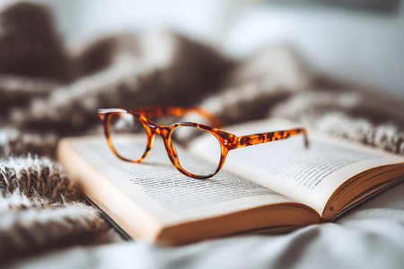Soft light fills the room as reading glasses rest on an open book placed on a bed. The scene invites relaxation and the joy of reading during a quiet moment.の素材
