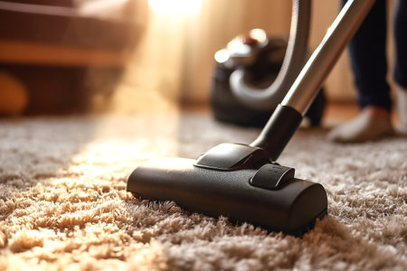 A person vacuums a living room carpet as soft afternoon light fills the space. The vacuum creates a light mist, offering a fresh and clean atmosphere.の素材