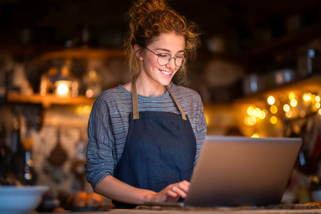 A person in an apron is happily using a laptop while standing at a kitchen island. The setting is warm with soft lighting and kitchen decor in the background.の素材