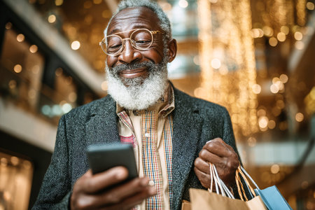 A man smiles as he uses his smartphone to check prices while holding shopping bags in a lively retail setting filled with holiday lights.の素材