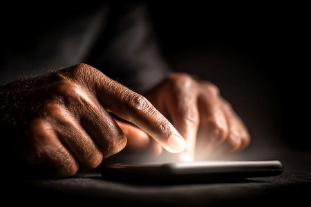 In a dark room, hands are seen typing an emotional message on a smartphone. The soft light from the screen highlights the fingers engaged in communication.の素材