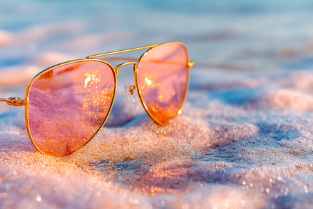 A pair of stylish sunglasses sits on soft sand, reflecting the light of the sun and surrounded by gentle ocean waves. This scene captures a perfect summer day.の素材