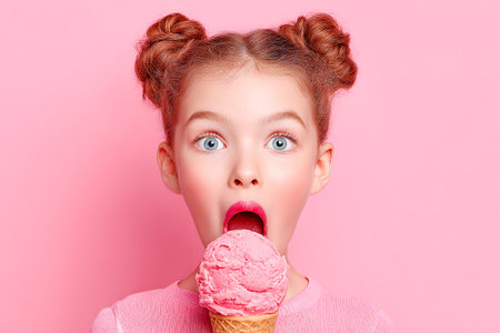 A joyful girl with styled hair eagerly eats pink ice cream. Her expression shows pure delight as she savors the sweet treat against a bright background.の素材