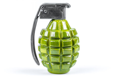 A detailed view of a green grenade model is shown against a white background, showing its unique design and texture for a commercial purpose and educational use.の素材