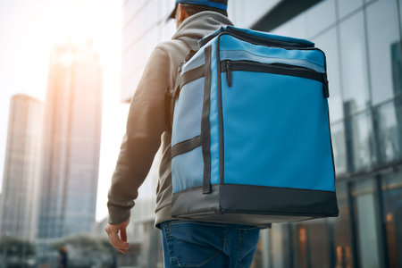 A person walks with a thermal food delivery bag in front of tall buildings during sunset. The scene showcases urban life and the food delivery service in action.の素材