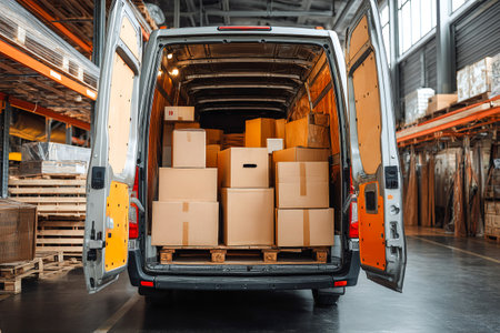 A cargo van is fully loaded with neatly packed boxes, prepared for transportation. The scene shows a busy warehouse environment filled with goods.の素材