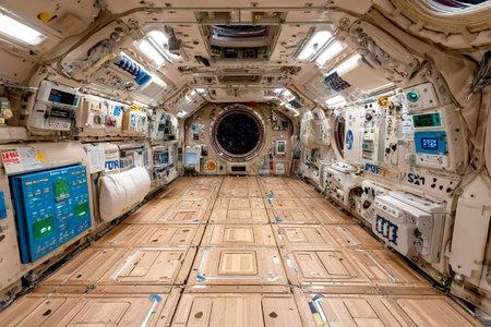 A spacious orbital lab features floating equipment and monitors, showing the advanced technology used in space exploration. Earth is visible through the window.の素材