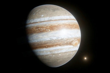 Jupiter displays its striking bands of color while a few of its moons are visible in the vastness of space, highlighting the beauty of our solar system.の素材