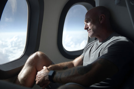 In a spacecraft high above the Earth, a man observes the view outside the window while engaged in a gravity experiment. The vast sky contrasts with his focused expression.の素材