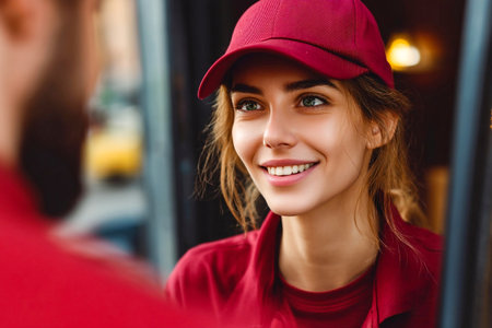 A cheerful worker greets a returning customer with a friendly smile at a cafe window. The interaction shows a welcoming atmosphere during daytime.の素材