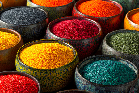 Lentils of various colors are neatly sorted into bowls, creating a vibrant display that highlights the beauty of natural foods.の素材