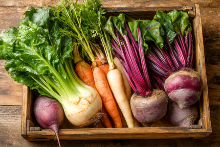 A rustic wooden crate filled with fresh organic vegetables, including carrots, beets, and greens, resting on a weathered wooden table in a warm setting.の素材