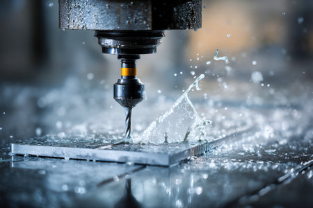 A CNC milling machine shapes a titanium workpiece while water spray cools the process. Sparks and droplets create an exciting visual in a manufacturing workshop.の素材