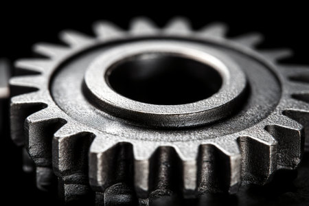 A mechanical cogwheel showcases its clean intricate texture and structure against a dark background, highlighting the craftsmanship and precision of engineering.の素材