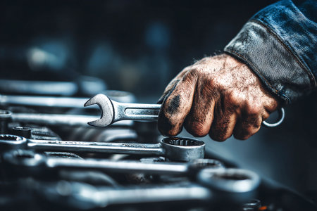 A mechanic works on a car engine in a factory, using a wrench to tighten or loosen components. The setting is well-lit with tools organized nearby.の素材