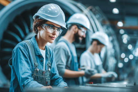 Engineers focus on assembling aircraft engine components inside a well-lit assembly workshop. Their teamwork ensures precision and safety during the process.の素材