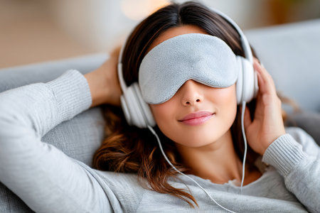 A woman relaxes on a couch wearing a soft eye mask and headphones. She appears calm and content, listening to soothing music in a cozy living room setting.の素材