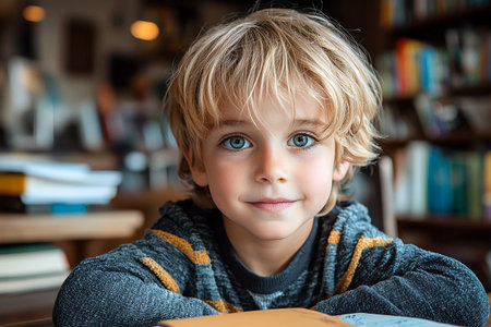 A young boy with curly blond hair sits at a table in a cozy library, smiling with bright blue eyes. Books are stacked around him, creating a warm atmosphere.の素材
