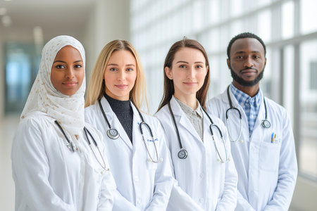 Four healthcare professionals of different backgrounds pose together in a hospital corridor, dressed in white coats with stethoscopes around their necks, showcasing teamwork.の素材