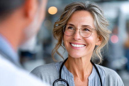 A doctor smiles warmly while engaging in conversation with a patient at the clinic. The scene shows a supportive and caring atmosphere during the check-up.の素材