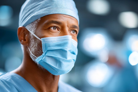 A focused surgeon wearing a surgical mask and cap is ready for an operation in a sterile environment. The room is illuminated with bright lights, enhancing the focus.の素材