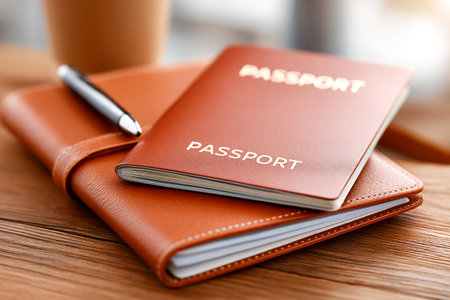 A brown passport sits on top of a matching notebook, next to a silver pen, all placed on a wooden table, suggesting organized travel plans.の素材