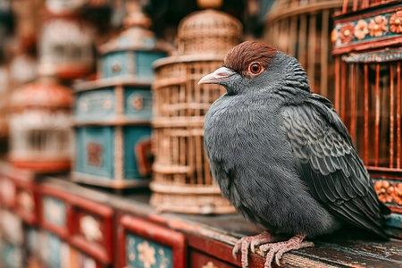 A beautiful bird sits quietly on a wooden perch, surrounded by colorful decorative cages. Its striking features stand out against the intricate backdrop.の素材