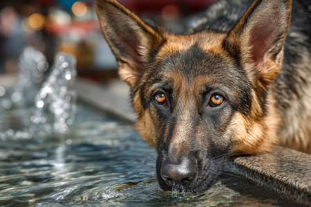 A German Shepherd relaxes by a fountain in an urban park, enjoying a cool drink on a hot summer day while surrounded by greenery and city life.の素材