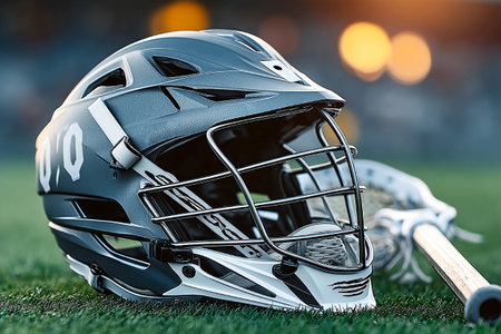 A helmet and stick are laid on the grass at a sports field, captured from a dynamic angle. The setting sun highlights the gear, suggesting an exciting game ahead.の素材