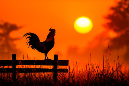 A rooster stands proud on a wooden fence as the sun rises, casting an orange glow over the fields and creating a peaceful morning scene.の素材