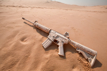 A rifle lies abandoned on the warm, fine sand of a desert. The landscape stretches far into the horizon, showing a desolate and arid environment.の素材