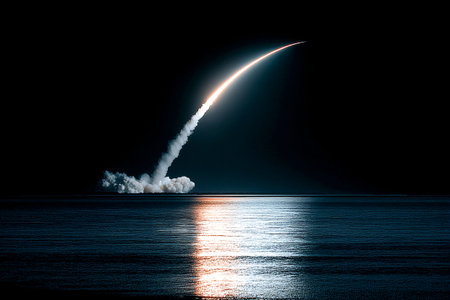 A rocket launches at night, leaving a bright trail in the sky. The calm waters reflect the vibrant light, creating a stunning scene of technology and nature.の素材