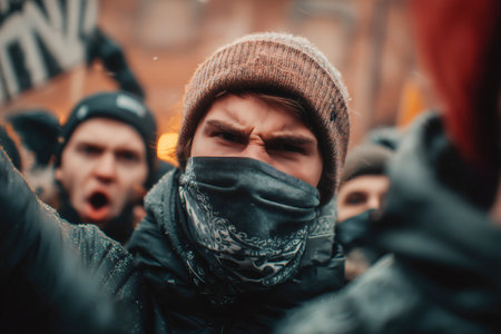 Crowd gathers at a lively outdoor rally in the city center as individuals express their passionate anger, creating an intense atmosphere filled with chaos.の素材