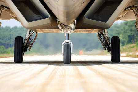 A jet's landing gear is prominently shown as it takes off. The aircraft is close to the ground, and the runway stretches out in the background.の素材