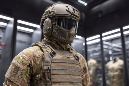 A mannequin displays advanced body armor in a sleek, modern environment. The features armor tactical design elements and is showcased in a well-lit area.の素材