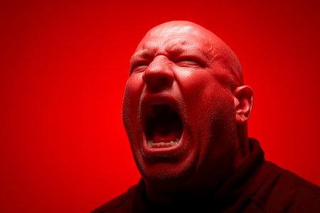 A person with a red face is expressing strong emotion by yelling. The bright red background enhances the dramatic effect of the scene, creating a striking visual impact.の素材