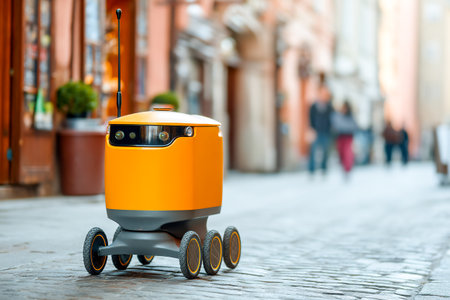 A delivery robot moves along a cobblestone street in a bustling urban area, completing orders while pedestrians walk nearby. The scene is lively and modern.の素材