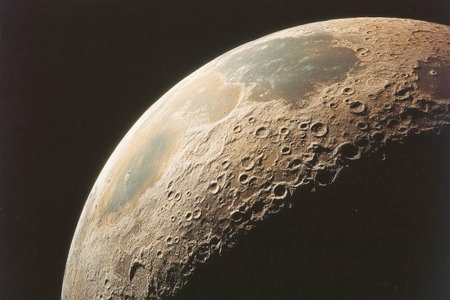 Surface of the moon shows various craters and textures under soft lighting, capturing the unique geological features and structures in the twilight atmosphere.の素材