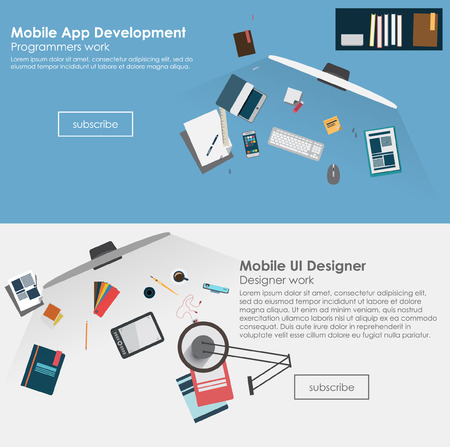 Flat banners for web development and mobile apps development. vector infographicのイラスト素材
