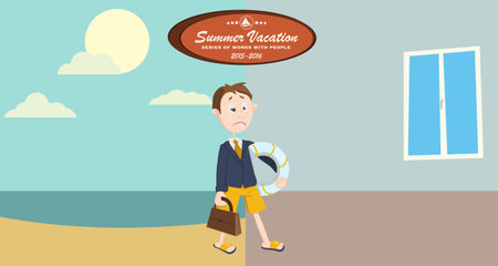 Holiday summer vacation with character design. Extraordinary life outside the office. Freedom of action and no discouragement. Illustration for a travel company.のイラスト素材