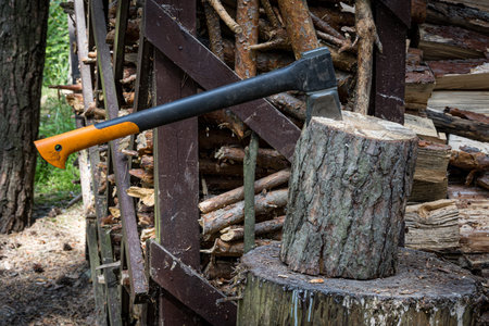 An ax driven into a stump. Preparing firewood. Chopping wood on a stump.