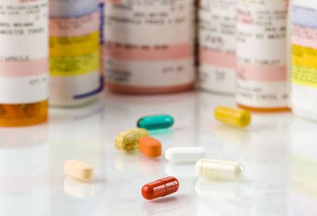 Close up of assorted pills and prescriptions on a high key background. The focus is on the pill and...