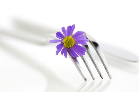 fork and flower over white background. Health and diet conceptの写真素材