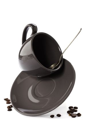 coffee cup is falling down on a white backgroundの写真素材