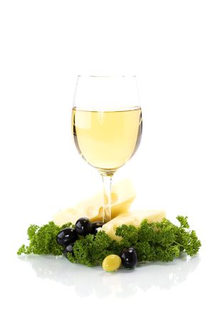 Cheese, white wine, olives and herbs isolated on white backgroundの写真素材