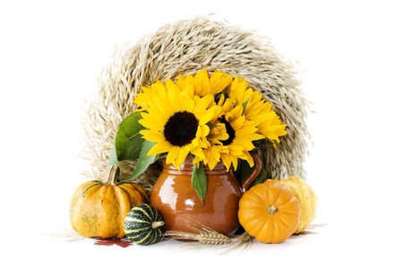 Pumpkins and sunflowers over whiteの写真素材