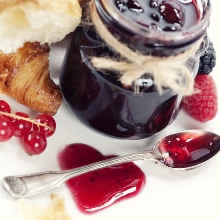 Breakfast with Fresh Croissants and jam (in the shape of heart)