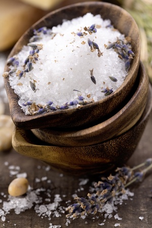 Spa salt, lavender and soaps (spa and body care background)の写真素材